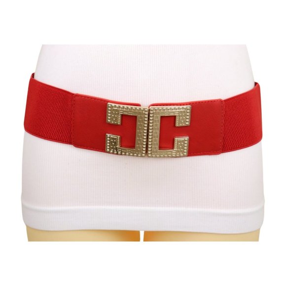 Women Red Elastic Hip High Waist Fashion Belt Big Gold Metal C Buckle Size S M - Picture 9 of 17